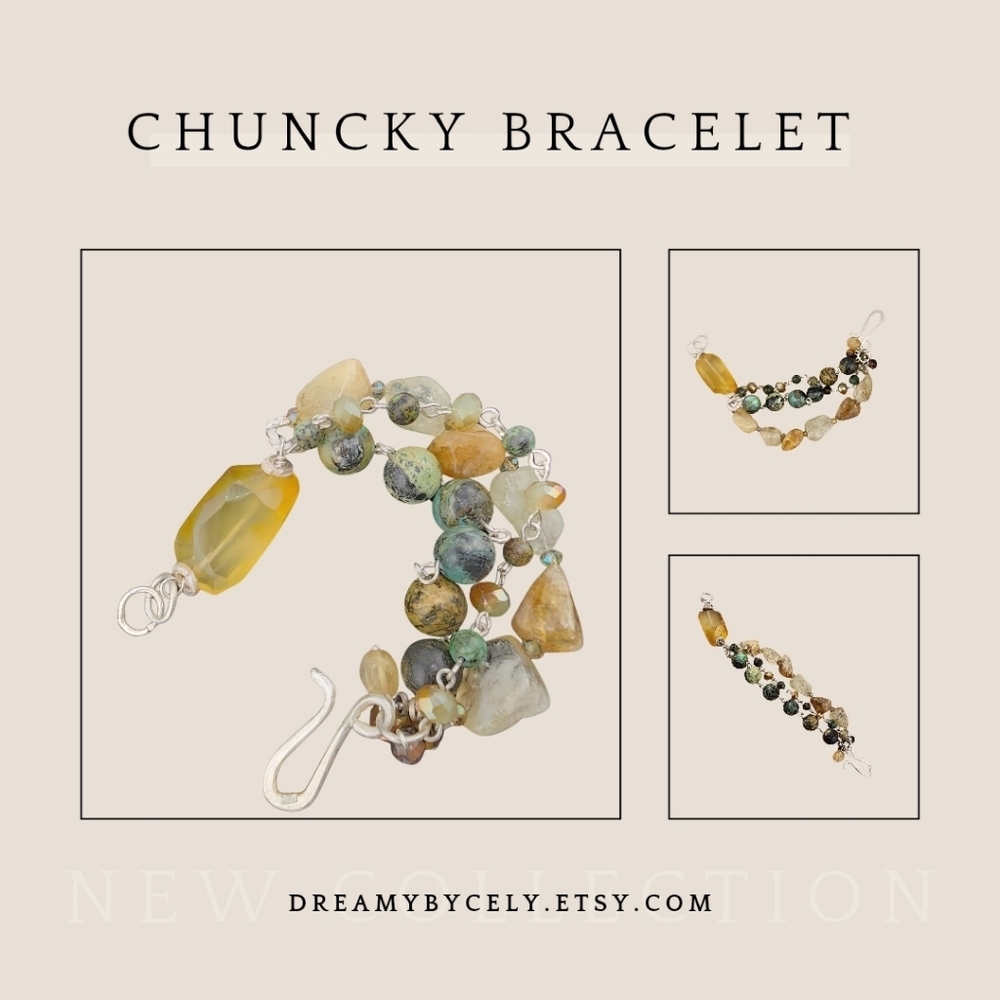 RAW CITRINE, AFRICAN TURQUOISE & CRYSTAL DANGLING HANDMADE BRACELET STERLING 6.5 - Picture 4 of 14